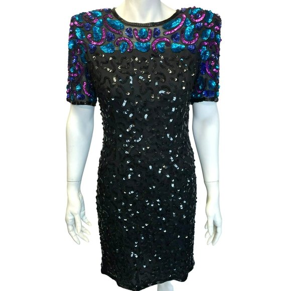 Stenay Dresses & Skirts - Vintage 80's Stenay Sequin Dress Black Fuchsia Turquoise Short Sleeve Midi Small